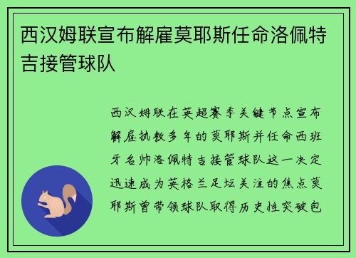 西汉姆联宣布解雇莫耶斯任命洛佩特吉接管球队 西汉姆联宣布解雇莫耶斯任命洛佩特吉接管球队