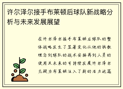 许尔泽尔接手布莱顿后球队新战略分析与未来发展展望 许尔泽尔接手布莱顿后球队新战略分析与未来发展展望
