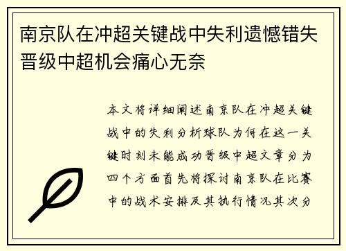南京队在冲超关键战中失利遗憾错失晋级中超机会痛心无奈