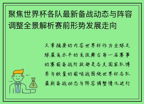 聚焦世界杯各队最新备战动态与阵容调整全景解析赛前形势发展走向 聚焦世界杯各队最新备战动态与阵容调整全景解析赛前形势发展走向