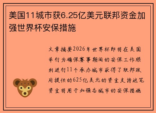 美国11城市获6.25亿美元联邦资金加强世界杯安保措施